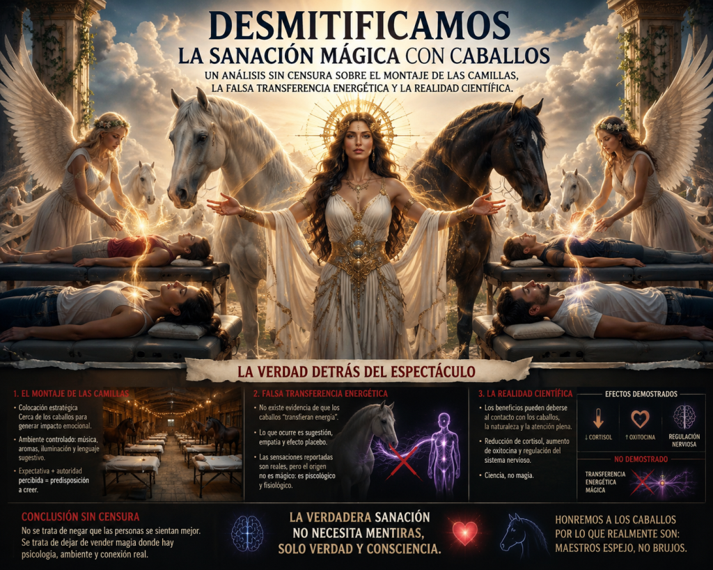 Ilustración conceptual de una supuesta sanación espiritual con caballos y figuras angelicales utilizada para cuestionar los mitos sobre la transferencia energética y promover un análisis basado en evidencia científica.