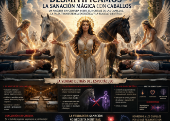 Ilustración conceptual de una supuesta sanación espiritual con caballos y figuras angelicales utilizada para cuestionar los mitos sobre la transferencia energética y promover un análisis basado en evidencia científica.